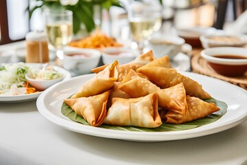 An array of spring rolls and samosas, their golden-fried exteriors creating a delightful pattern on the white backdrop. a delicious fried dish freshly fried on a plate. generative AI
