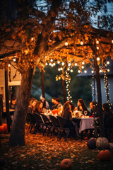 People dining outdoors at a fall party, soft blurred background, night, vertical, Thanksgiving