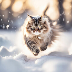 Fluffy Maine Coon cat running in snow