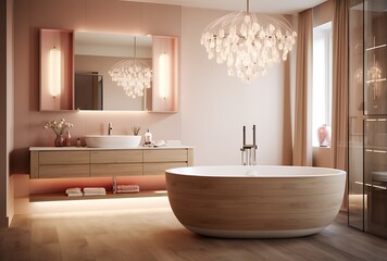 Interior of modern bathroom with pink walls, wooden floor, comfortable bathtub and round mirror. 3d rendering