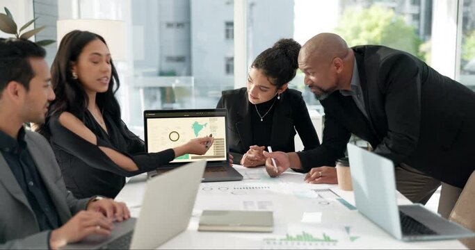 Data presentation, laptop screen or business people collaboration, meeting and consulting on investment stats. Corporate finance, group feedback or team cooperation on web statistics, metrics or info