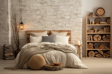 Fototapeta na wymiar a comfortable bedroom with trendy decorations, a wooden nightstand, a ceramic jar, a book, attractive beddings, a cozy blanket, pillows, and personal accessories. Generative AI