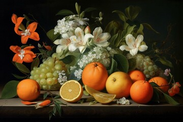 Obraz na płótnie Canvas Set of orange blossoms and assorted fruits. Generative AI