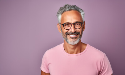 Retrato de un hombre latino maduro, con canas, sonriendo, con apariencia saludable y vitalidad, usando una camisa blanca y gafas, posando en un estudio fotográfico con fondo de color - obrazy, fototapety, plakaty