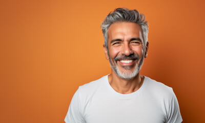 Retrato de un hombre latino maduro, con canas, sonriendo, con apariencia saludable y vitalidad, usando una camisa blanca y gafas, posando en un estudio fotográfico con fondo de color