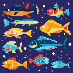 Multicolor collection of oceanic animals in stylization, underwater. Colorful set of marine animals, fish on blue background, isolated.