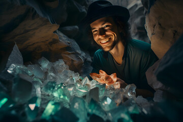 The man in hat human found many precious crystals shining illuminating the face. Generative AI. - obrazy, fototapety, plakaty