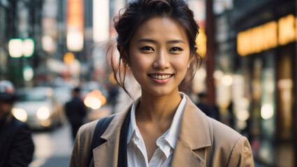 Bella giovane donna asiatica con capelli lunghi in una strada di una città con abito elegante - obrazy, fototapety, plakaty