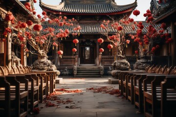 Old style Chinese or Japanese cultural temple with festival decorations.