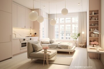Cozy, minimalist studio with soothing neutral hues and modern kitchen. Generative AI