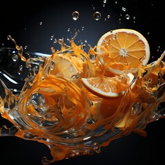A splash of orange juice flowing across black background