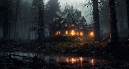 illustration, a haunted house with light, and a gloomy forest - obrazy, fototapety, plakaty