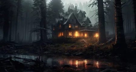 Photo sur Aluminium Forêt des fées illustration, a haunted house with light, and a gloomy forest
