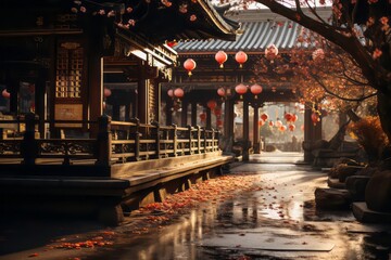 Old style Chinese or Japanese cultural temple with festival decorations.