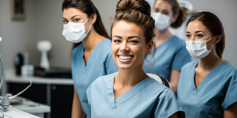 portrait of Dental Assistant, who Assist dentist, set up patient and equipment, and keep records - obrazy, fototapety, plakaty