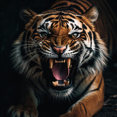 close up portrait of a roaring tiger, generative ai