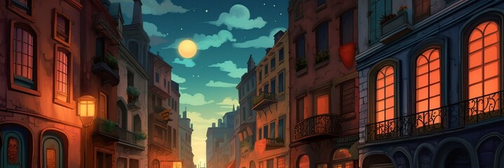 Fototapeta na wymiar illustration cartoon, a night street with lights on, website header