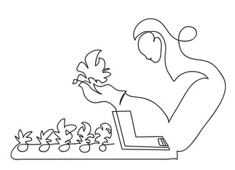 One line drawing of  hydroponics farm.
One continuous line drawing of Organic fresh vegetable, Farmer working with hydroponic vegetables.
