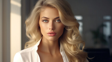 Blonde Beauty: A Stunning Model in a Crisp White Shirt, Showcasing the Results of a Hairdressing Transformation at the Beauty Salon. - obrazy, fototapety, plakaty