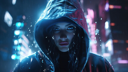 Cyberpunk Hacker: Futuristic Young Woman in Hoodie in a Neon Cityscape.