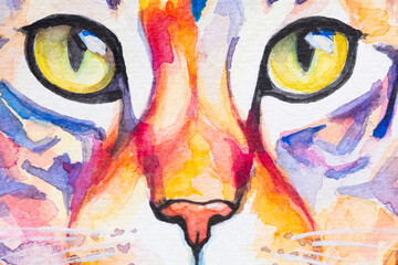 Bengal Cat painted in watercolor on a white background in a realistic manner, colorful, rainbow. Ideal for teaching materials, books and nature-themed designs.