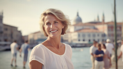 Joyful European Woman Radiating Happiness as She Poses Against the Breathtaking and Historic Canals and Architecture of Venice, Italy.