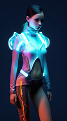 girl in designer clothes, clothes with neon lights, clothes of the future, girls of the future, fashion of the future, cyberpunk style, beautiful lighting