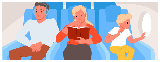 Passengers sitting in seats in cabin of airplane vector illustration. Cartoon young woman reading book, boy looking out window, man listening to music on headphones during plane flight, front view