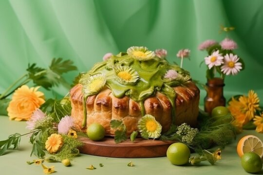 Delicious pie with lime fruit and floral decorations against a pastel green backdrop. Generative AI