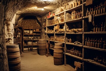Old cellar with wooden shelves of wine bottles on straw matting. Generative AI - obrazy, fototapety, plakaty