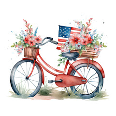 Fototapeta na wymiar Vintage bicycle adorned with USA, American flag and floral arrangements