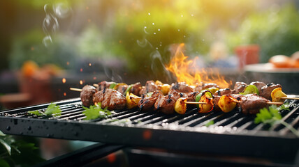 Grilling in the Backyard Barbecue with a blurred background - obrazy, fototapety, plakaty