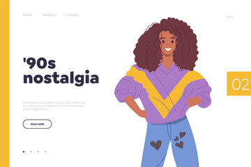 90s nostalgia concept for landing page template with trendy fashion young disco woman design