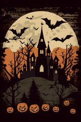 Halloween background with bats and a haunted house