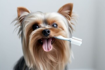 Caring for dog's gum health and mouth cleanliness by brushing teeth helps prevent bad breath. Generative AI - obrazy, fototapety, plakaty