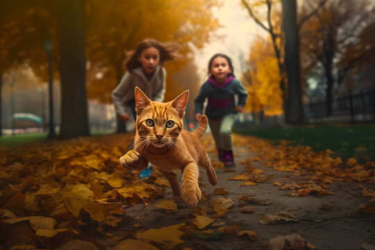 Children play with a ginger kitten on an autumn day among yellow leaves and falling leaves in the park. Generative AI.
