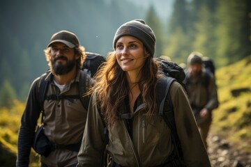 Fototapeta premium An experienced guide leading a group of hikers through a pristine wilderness, showcasing eco-tourism and responsible exploration