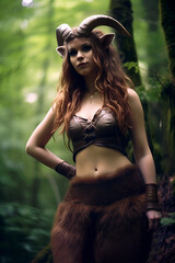 A faun woman girl standing in a forest, full body shot