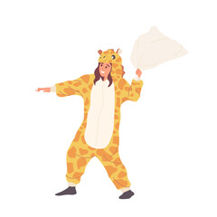 Happy smiling teenage girl cartoon character wearing giraffe kigurumi pajamas having pillow fight