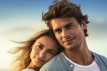 Young couple portrait two lovers spending time sunny country travelers Generative IA
