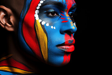 Close up portrait of an Indian man  face painted by vibrant colors on dark background