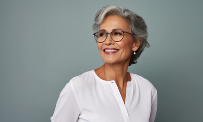 Retrato de una mujer latina madura, con canas, sonriendo, con apariencia saludable y vitalidad, usando una blusa blanca y gafas, posando en un estudio fotográfico con fondo de color