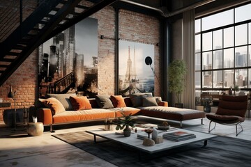 Modern loft with fashionable furniture and decorations. Generative AI - obrazy, fototapety, plakaty