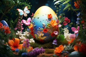 Obraz na płótnie Canvas Easter egg surrounded by flowers - 3D rendered artwork. Generative AI