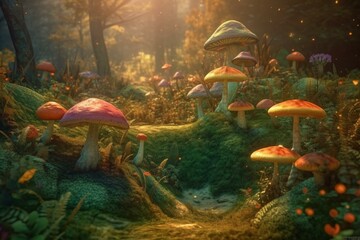 Colorful mushrooms thrive in a forest. Enchanting woodland setting resembling a fairy tale. Unreal 3D depiction. Generative AI