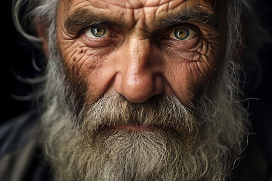 Close up picture of face old wise man with white beard homeless grandfather generative ai