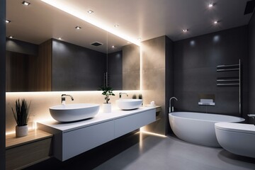 Fototapeta na wymiar Contemporary bathroom with stylish lighting. Generative AI