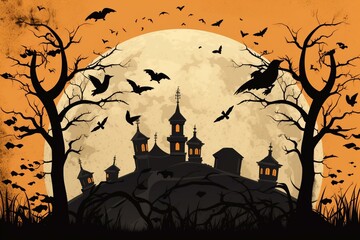 Image of a spooky holiday card featuring a cemetery, pumpkins, bats, and crows. Generative AI