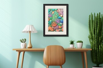 Colorful pencils drawing of sea view motif in a white frame on a light green wall. Generative AI