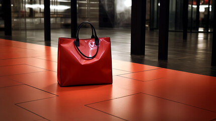 Black and red shopping bag on the floor in a shopping center. Black Friday mood, discounts and sales concept.